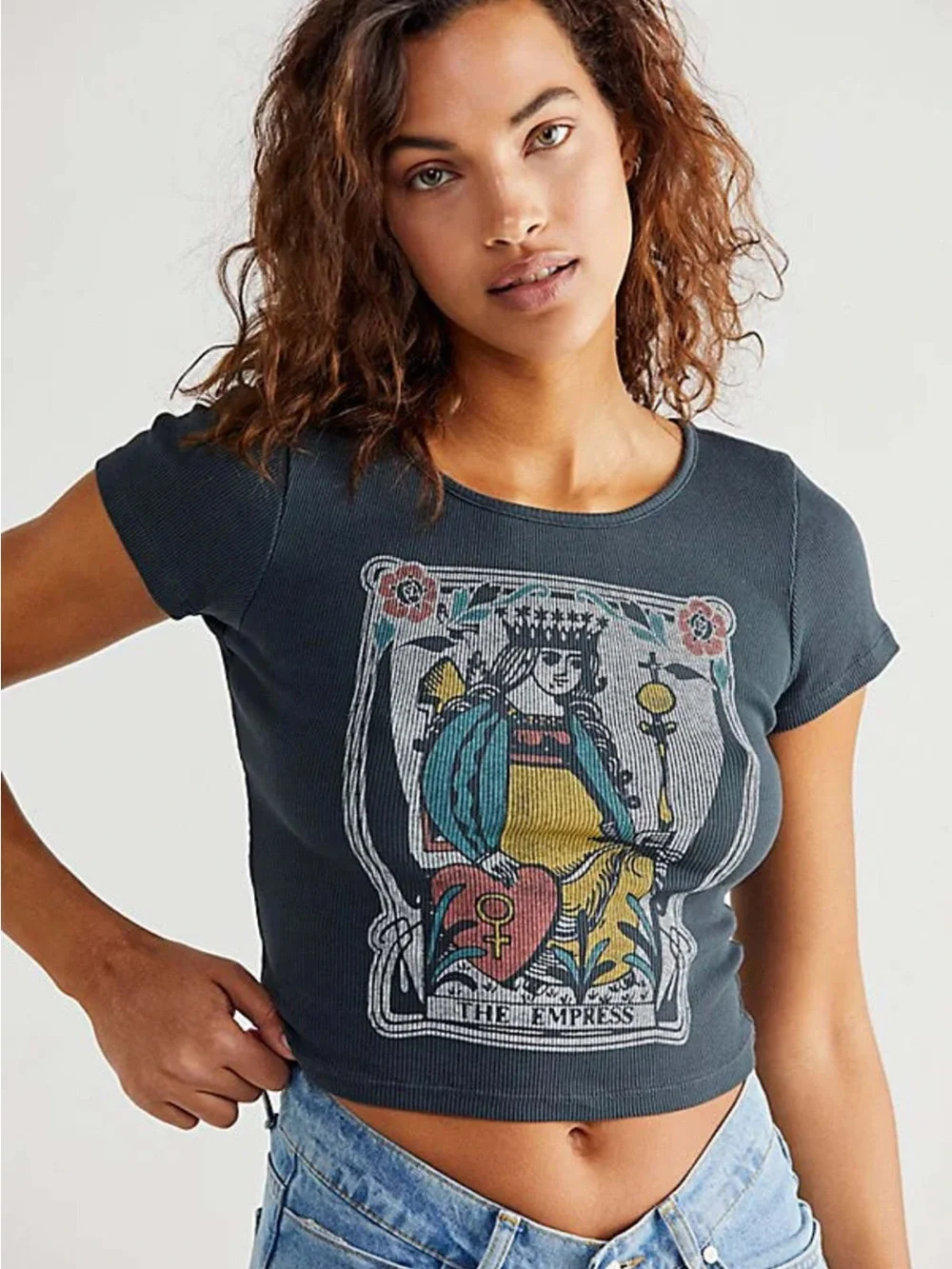 Free People The Empress Graphic Crop Tee - Slate Blue - Picture 1 of 5